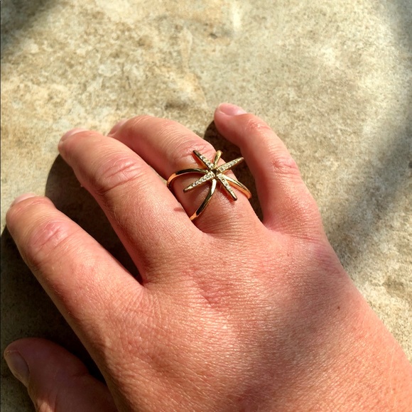 Luv Aj Gold Criss Cross Ring w/ Swarovski Crystals - Picture 3 of 5